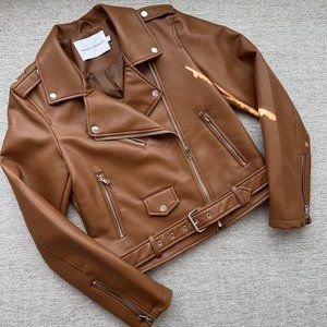 Women's Rebecca Minkoff Faux Leather Moto Jacket in Brown, Removable belt